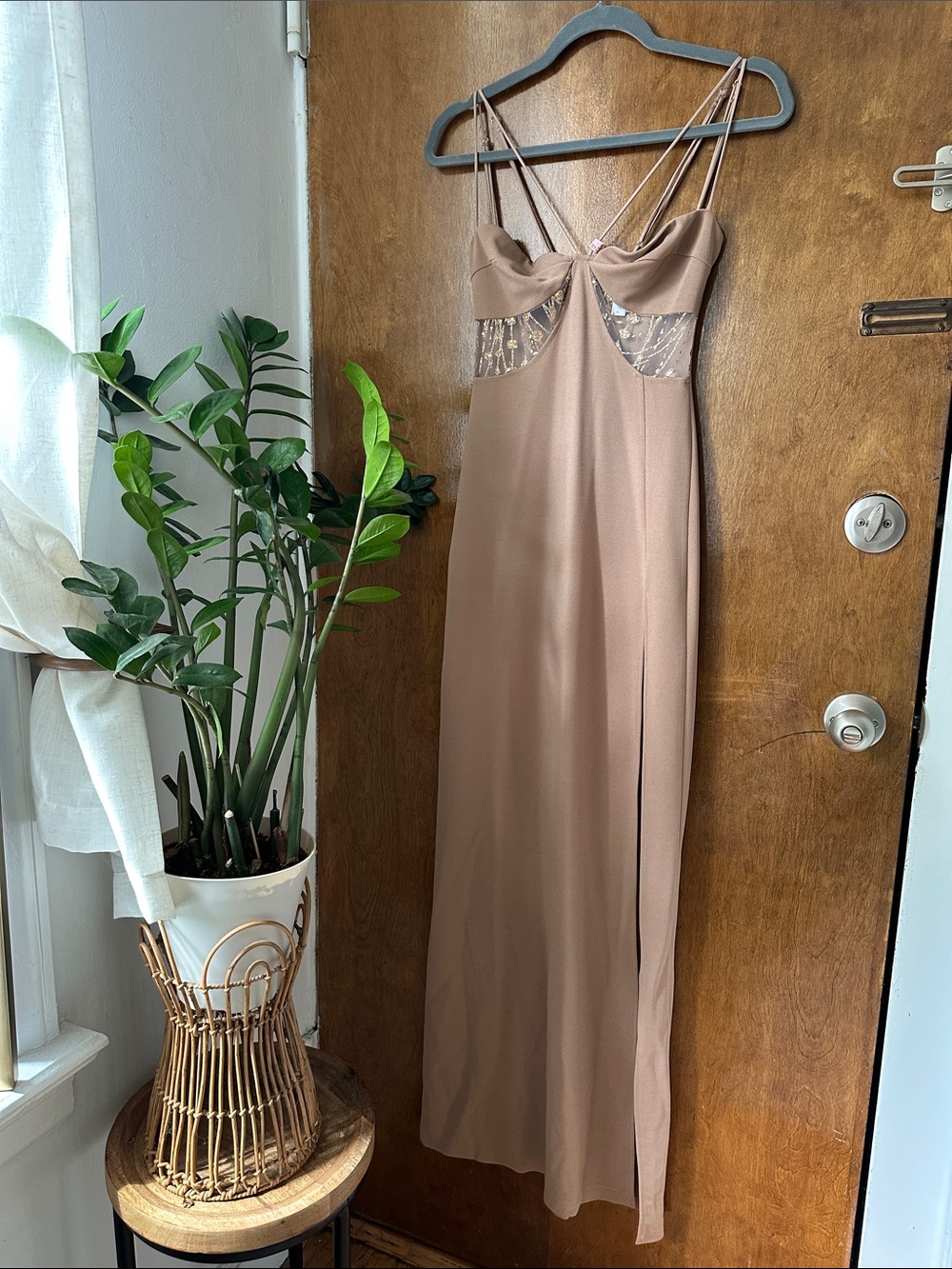 Lucy in the Sky Mauve-Taupe Slip Dress with Lace Insets
